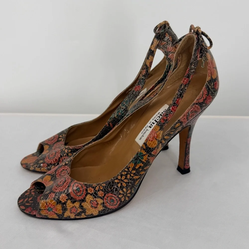 Sacha London Floral Leather Peep Toe Heels Size 7 Made in Spain